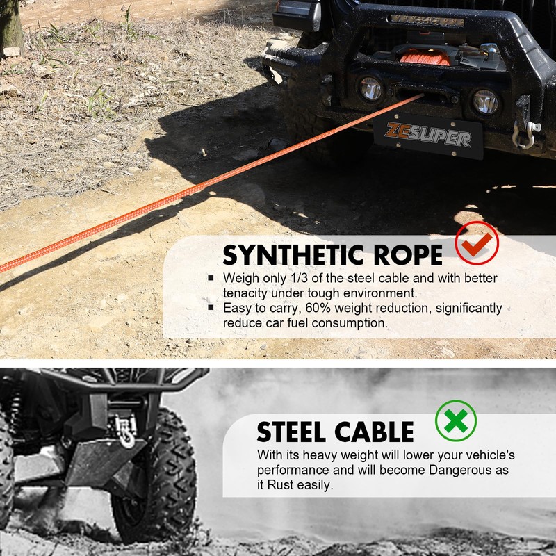 ZESUPER 3/8" x 100ft Synthetic Winch Rope Dyneema 12 Strand