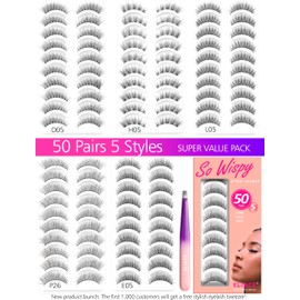 Wispy Lashes Natural Look Cat Eye Lashes,50 Pairs 5 Styles Strip Lashes Multipack,Short Natural Mink lashes 12mm,So Thin Band So Soft Comfortable Lightweight,With a Lashes Tweezers,ELIACE Lashes