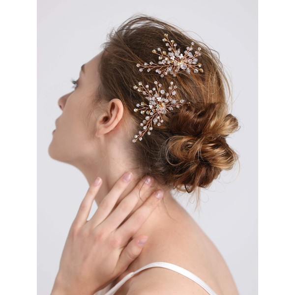 fxmimior Bridal Women Vintage Wedding Party Rose Gold Hair Pins Crystal Hair Accessories