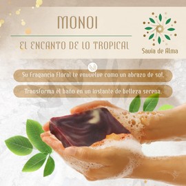 Savia de Alma Handseife mit Monoï-Öl, weichmachend und exotisch, ideal für normale oder stumpfe Haut, natürlich, vegan und hergestellt in Spanien, 100 g