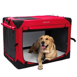 Pettycare 36 Inch Collapsible Dog Crate with Curtains, Travel Dog Crate for Airflow and Calm, Soft Pet Dog Kennel with Portable Bag and More Chew Proof Mesh, Indoor & Outdoor, Red+4 Door Curtains