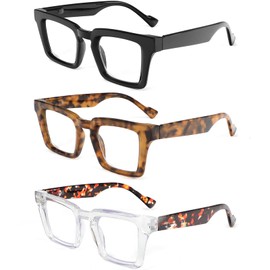 REAVEE 3 Pack Oversized Oprah Style Reading Glasses for Women, Blue Light Blocking Ladies Stylish Square Large Computer Readers with Spring Hinge (Black/Leopard/Clear 3.0x)