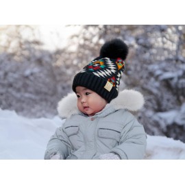 Funky Junque Baby Knit Hat with Fur Pom Pom, Soft Knitted 100% Acrylic Unisex Infant Winter Beanie Cap for 0 to 12 Months - Aztec Pattern - Black