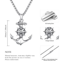 CUOKA Anchor Compass Necklace for Men Women 925 Sterling Silver Nautical Navy Graduation Friendship Travel Talisman Pendant Necklaces Inspirational Anchor Jewelry Gifts for Travelers Graduates Sailors
