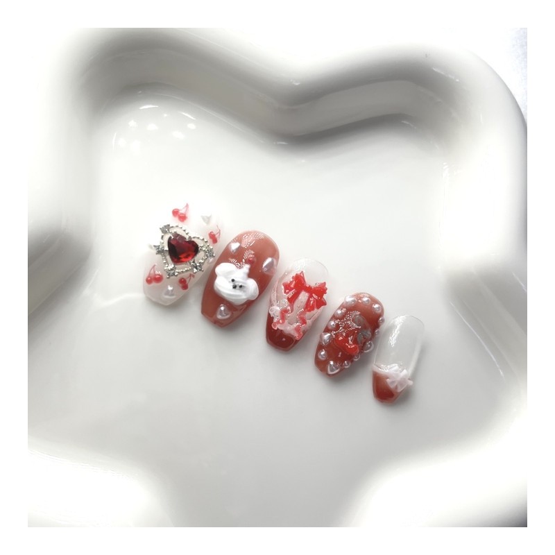 [Premium Handmade Nails] Cherry Bonbon Eau Chocolat – Coffin (Long)