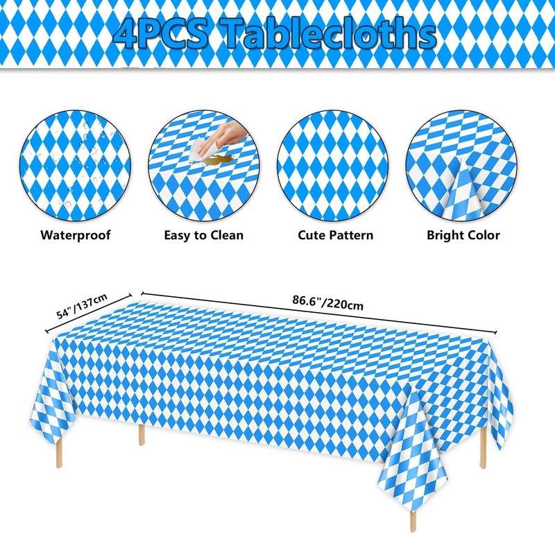Hegbolke 4 Pack Oktoberfest Tablecloths - Blue and White Checkered