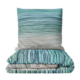 Leonado Vicenti Bed Linen Set Cotton Renforce Grey Green Striped Modern Design Duvet Cover Pillowcase Breathable with Zip 2-Piece 135 x 200 cm