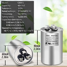 60/5 uF 60+5 MFD 370V or 440V Dual Run Start Round A/C Capacitor, 60 5 uF 370 440 Volt VAC CBB65B Air Conditioner Capacitors for AC Unit, Fan Motor Start, Heat Pump, Condenser Straight Cool, 1PCS