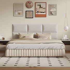 6-Piece Wall Mount Headboard Kit - White Peel and Stick Upholstered Headboard for Queen Size Bed, Floating Bed Backboard, 24" x 12" Panels, Artificial Leather