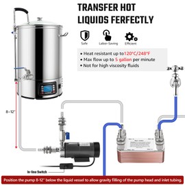 Hilangsan Wort Pump High Temp Brewing Pump Food Grade Pump Stainless Steel Head brew Pump Homebrew pump Magnetic Drive Pump Wort Transfer Pump with Inline Switch Mini Valve Quick Disconnects(gray)