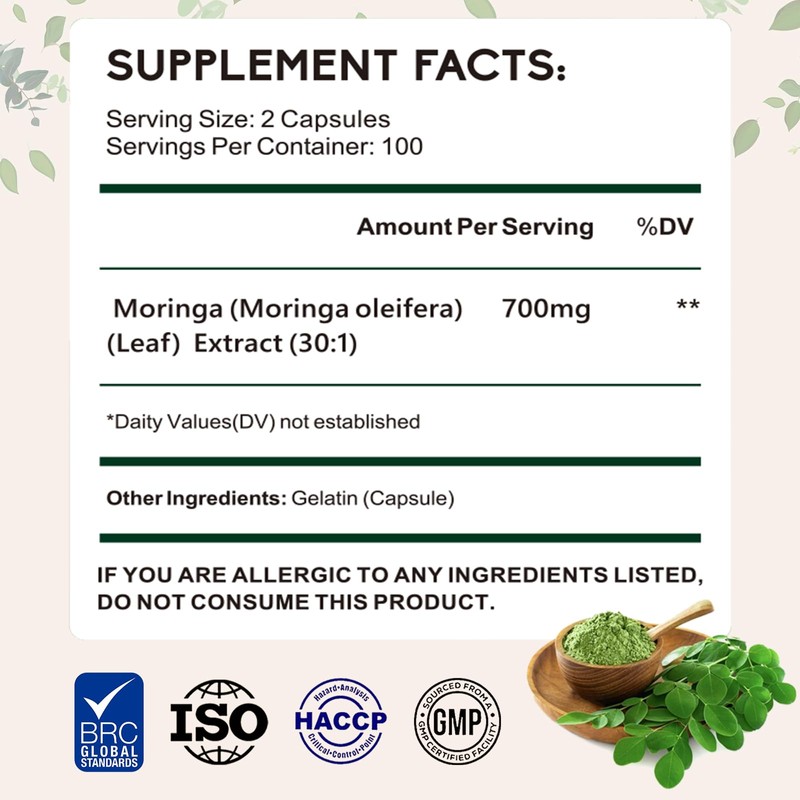 Zhibenon Moringa Oleifera 21,000mg Equivalent | 200 Capsules (100 Servings)