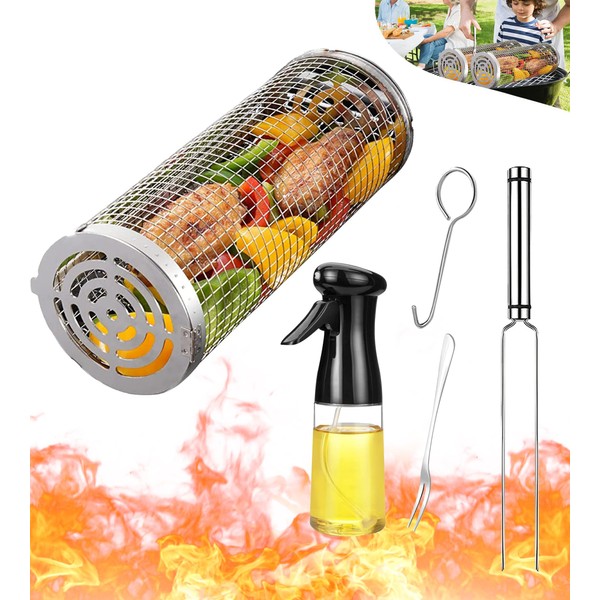 Rolling Grilling Baskets for Outdoor Grill Bbq Stainless Steel Round