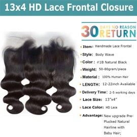 Nicewig Invisible SKINLIKE Lace 13x4 Lace Frontal Closure Body Wave Human Hair HD Lace Frontal Closure 14inch,New Upgrade Pre Plucked Natural Hairline with Baby Hair