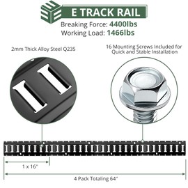 EYPINS E Track Rail Tie Down Kit, Break Strength 4400 lbs, 4x16 inch Alloy Steel Rails, 12 ft Ratchet Strap, O Ring E Track Accessories for Cargo Systems, Garages, Vans, Trailers, 30PCS