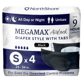 NorthShore MegaMax AirLock Breathable 9-Hour Heavy-Duty Tab-Style Adult Diapers, Small, Trial Pack of 4, Black, 24-34 inches, Unisex Incontinence Underwear