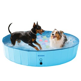 BECROWM Foldable Dog Pool with 6 Silicone Balls Dogs Swimming Pools 63" Dog Pet Bath Pools Hard Plastic Collapsible Pool-for Dogs (Blue, Large)