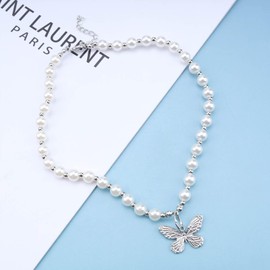 Cimenexe Bohemian Butterfly Pendant Necklace Vintage Pearl Necklace Butterfly Choker Necklace Silver Pearl Beads Necklace Choker Jewellery for Women and Girls Gifts