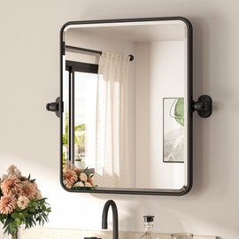 TETOTE Pivot Mirror for Bathroom 16 x 20 Matte Black Tilt Beveled Rectangle Metal Framed Pivoting Bathroom Vanity Mirror, Modern Farmhouse Adjustable Tilting Wall Mirror, Horizontal/Vertical