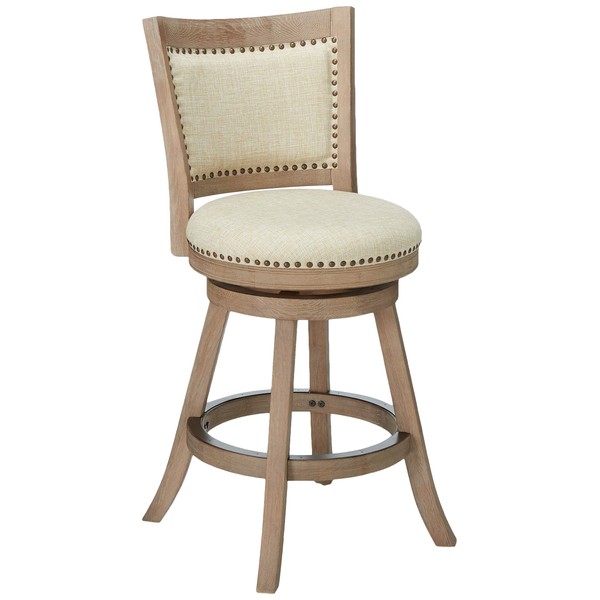 Cortesi Home Marko Stool in Beige Fabric Swivel Seat with Back, 24" Counter Height, Driftwood