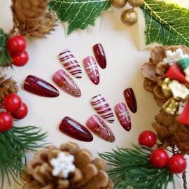 24 Pcs Christmas Press on Nails Medium Almond Fake Nails Glitter Red White Stripe Acrylic Nail with Bow & Snowflake Designs Full Cover Glitter False Nails French Stick on Nail for Women