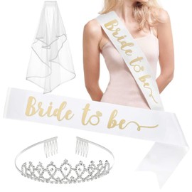 Bachelorette Party Bride to Be Decorations Kit with Bride to Sash & Silver Rhinestone Tiara & Veil, Bridal Shower Decorations Engagement Wedding Party Decorations