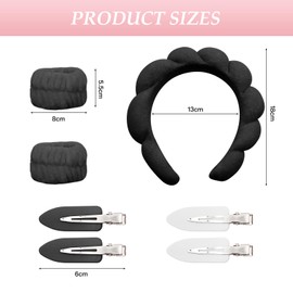 Set of 1 Women's Headband, 2 Face Wash Wrists, 4 Hair Pins, Hair Band, Cosmetic Headband, Reusable Hair Bands Make Up Made of Sponge, Hair Bands for Makeup, Skin Care, Sports (Black)