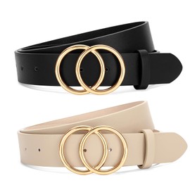 SANSTHS 2 Pack Women Leather Belts Faux Leather Jeans Belt with Double O Ring Buckle Black Beige M