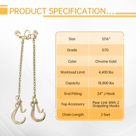 Tow Chains with Hooks, higehio 5/16" × 24" Tow Chain w/8" and 4" J Hook Wall, G70 V Chain Bridle for Flatbed Truck, Trailer Towing.