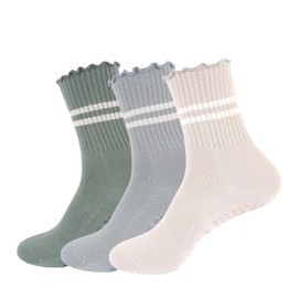 ANLIOTO 3 Pairs Yoga Socks with Grips, Non Slip Ruffle Pilates Socks Frilly Crew Socks for Barre Barefoot Workout Hospita (Blue, Green, Grey)