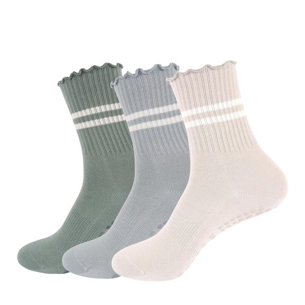 ANLIOTO 3 Pairs Yoga Socks with Grips, Non Slip Ruffle