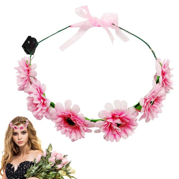 LED Flower Wreath Headbands, Garland Crown Headband, LED Flower Headbands, Luminous Flower Crown, LED Hair Wreath, Bridal Flowers, Festival Headpiece, Party Headpiece for Bride, Women, Girls (Pink)