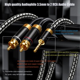 Primeda Audiophile 3.5mm male to 2 RCA male cable 2M, Stereo Audio adapter Silvered-Plated Copper core Braided for Smartphones Tablets Speakers HDTV and More