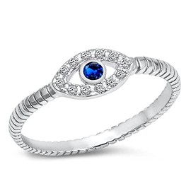 Boho Evil Eye Blue Simulated Sapphire Polished Ring .925 Sterling Silver Size 3