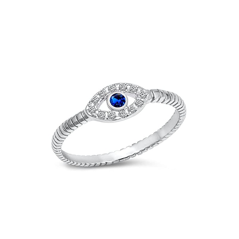 Boho Evil Eye Blue Simulated Sapphire Polished Ring .925 Sterling