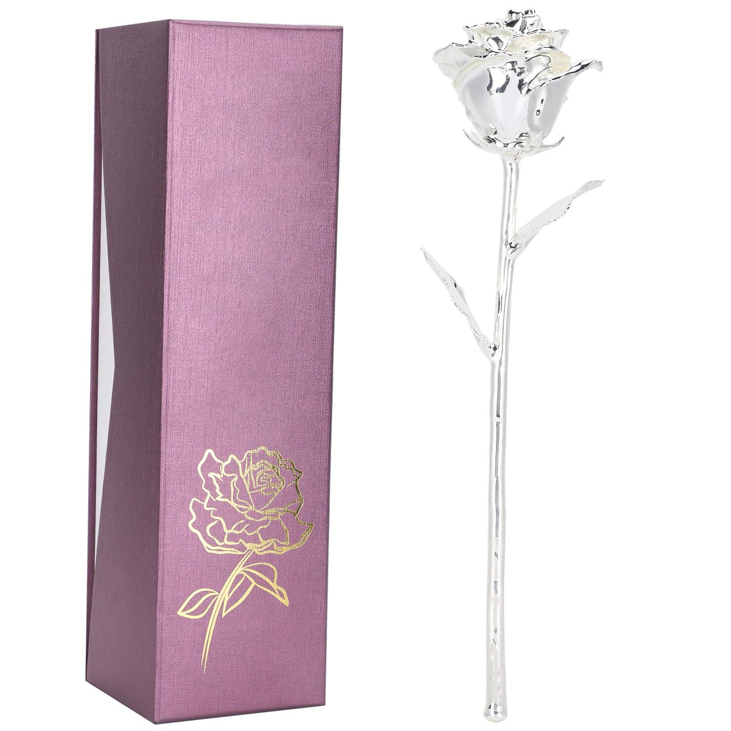 Ejoyous 25th Anniversary Silver Rose, 24K Gold Dipped Flower Long Stem ...