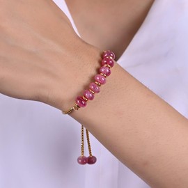 Gempires Pink Strawberry Quartz Bolo Bracelet, Pink Beaded Bracelet, Birthstone Jewelry, Gift for Daughter, 14k Yellow Gold Plated, Adjustable Bracelets For Women