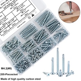 HanTof 205Pcs Blue Zinc Flat Head Self-Drilling Screws for Metal, 8# x 1/2 to 2 inch Phillips Drive Countersunk Head Self-Tapping TEK Screws Assortment Kit, Sheet Metal Screws, Drill Point Deck Screws