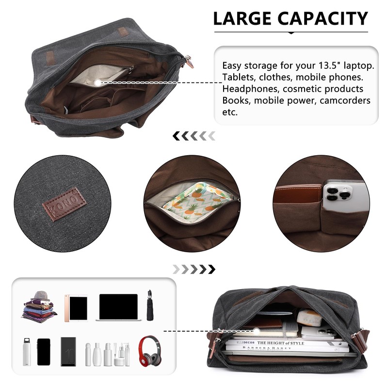 Kono Canvas Messenger Shoulder Bags for Men 13.5 inch Unisex