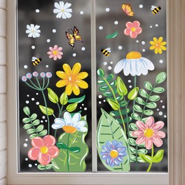 FYSUIMU Spring Floral Window Clings Flower Plant Butterfly Bee Glass Decals 11.8 x 15.7 Inch Double-Side Window Decals Reusable Anti Collision PVC Stickers for Home Glass Mirror Decoration, 4 Sheet