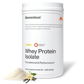 Momentous Aislamiento esencial de proteína de suero alimentada con pasto, 24 porciones por bolsa para uso diario esencial, sin gluten, certificado NSF