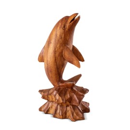G6 Collection Wooden Hand Carved Dolphin Statue Sculpture Wood Decorative Home Decor Accent Figurine Handcrafted Handmade Seaside Tropical Nautical Ocean Coastal Decoration (Dolphin on Coral, 8")