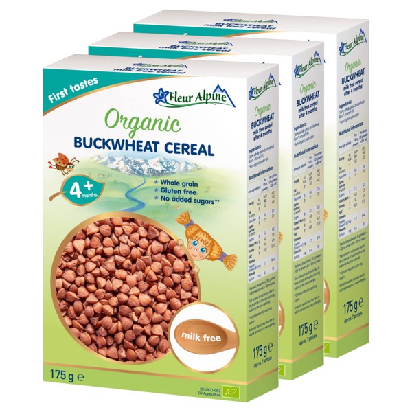 FLEUR ALPINE Baby Food | Organic Buckwheat Baby Cereal Pack of 3 - Baby Porridge for Delicious Breakfast Meals | Nutritious Instant Gluten Free Porridge 4+ Months with No Added Sugars | 3x7 Servings