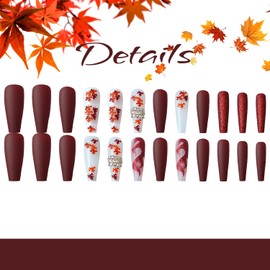 Thanksgiving Press on Nails,Autumn Long Coffin Fake Nails Maple Leaves Full Cover Stick on Nail with Rhinestone Acrylic Nail Red Glitters Fall Manicure Decorations False Nails for Women Girls 24Pcs