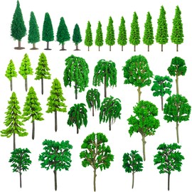 Cayway Pack of 34 Model Building Trees, Mixed Trees, Model Building, 3 ~ 15.5 cm, Mixed Green Model Trees, Train Trees, Plastic Model Trees for DIY Landscape, Garden Decoration, Model Landscape