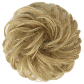 FESHFEN Messy Hair Bun Hair Pieces Elastic Wavy Curly Hair Bun Scrunchies Extensions Synthetic Chignon Hairpieces for Women Girls, Light Golden Blonde 1 PCS