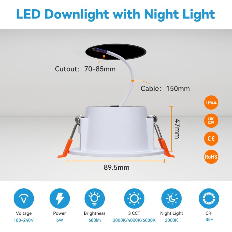 KEELED Downlights for Ceiling, Recessed Lighting with Night Light, 230V,