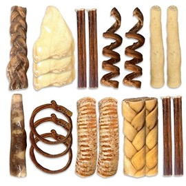 HAPPY PET MART Variety Pack of Natural Dog Treats. Long-Lasting and Healthy Dog Chews. Including Trachea, Bully Sticks, Collagen Sticks, Beef Tails, and Beef Ears (Pack of 20, Assortment Pack)