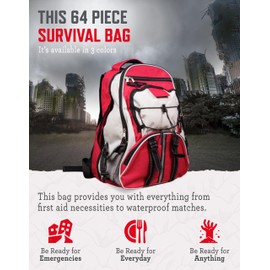 ReadyWise Emergency Survival Gear – Tactical Military Backpack, Camping Essentials Bug Out Bag & Survival Kit, Prepper & Hurricane Supplies, Meal Pouches with up to 25 Year Shelf Life, 64 Piece, Red