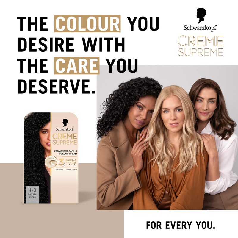 Schwarzkopf Creme Supreme 1-0 Natural Black, Permanent Hair Dye, Caring
