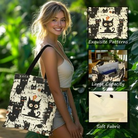 Gifts for Mum, Canvas Tote Bag, Cat Gift Bag for Women Girls, Aesthetic Tote Bags with Sturdy Shoulder Straps, Cute Fabric Tote Bag with Fluffed up Cat Pattern for Women Working & Shopping